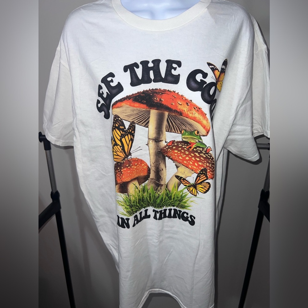 White with Mushroom and Butterfly T Shirt